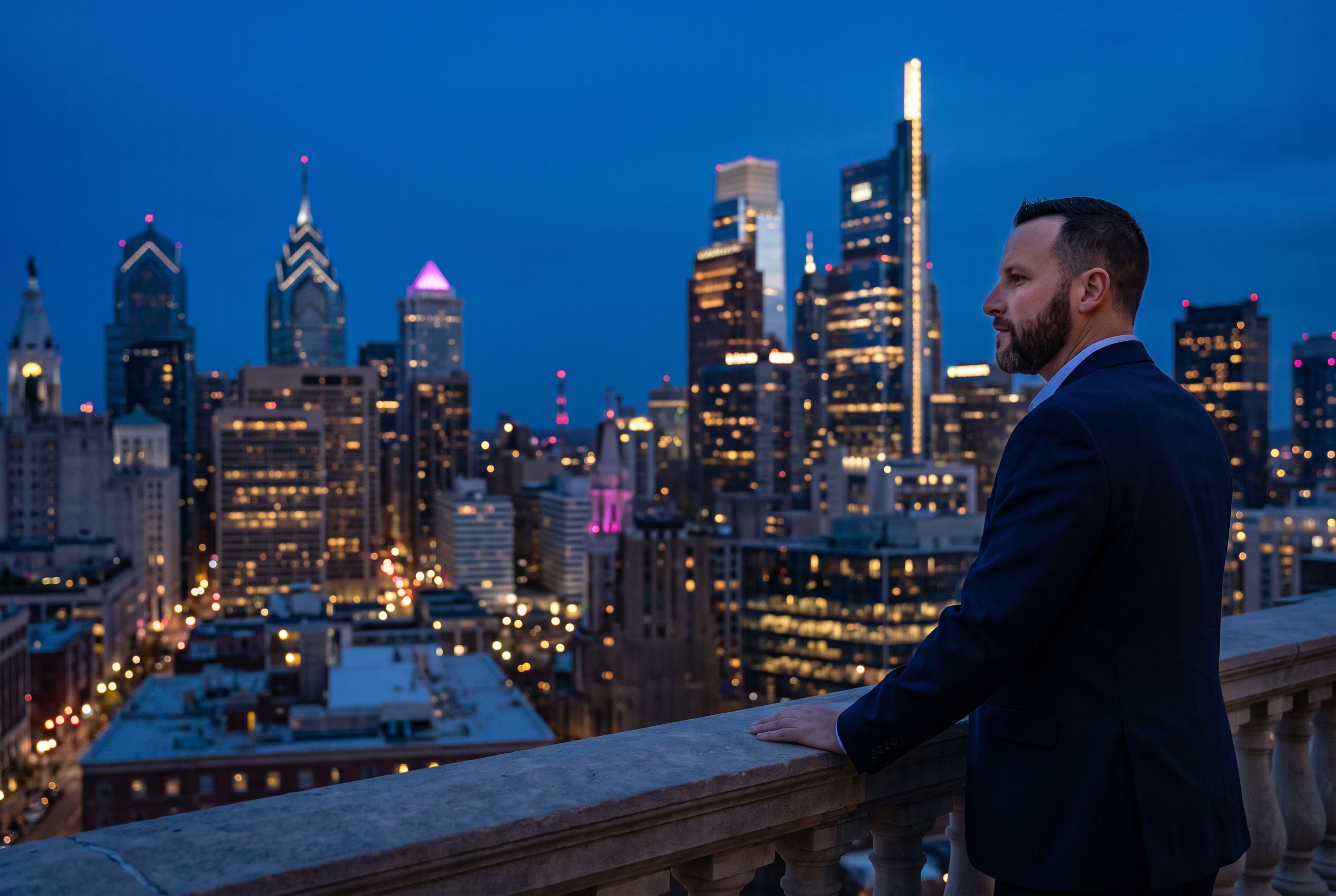 Will Burke overlooking the Philadelphia skyline